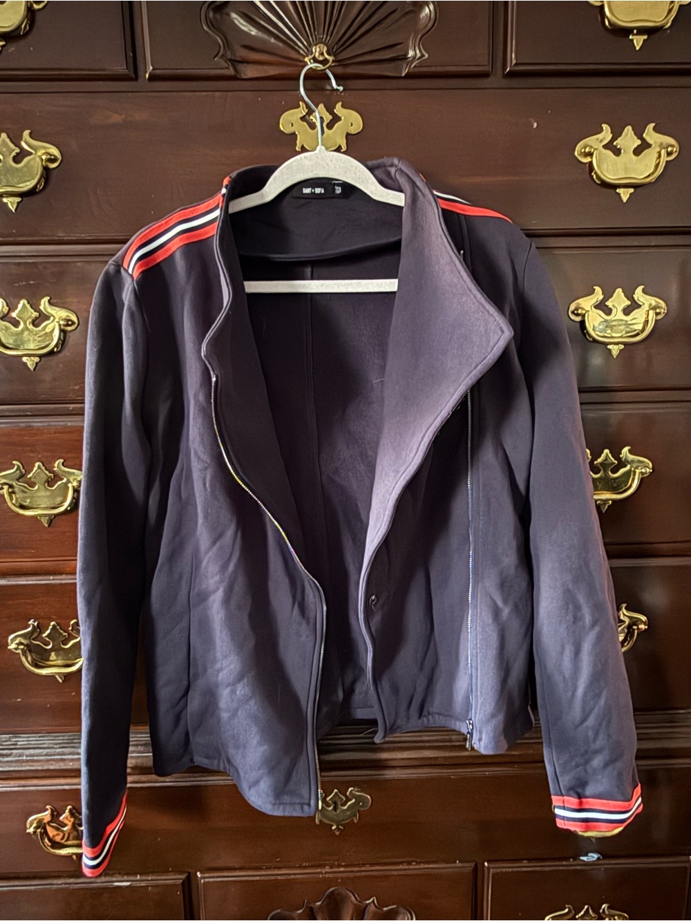 Saint + Sofia Organic Cotton Biker Jacket in Navy Red Stripe Size 8